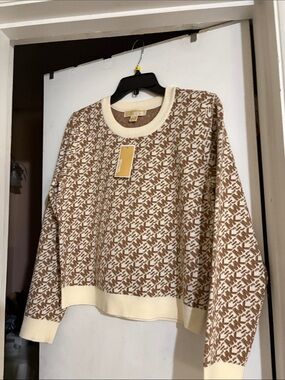 Michael Kors Cream & Brown Monogram Crewneck Sweater, size M.